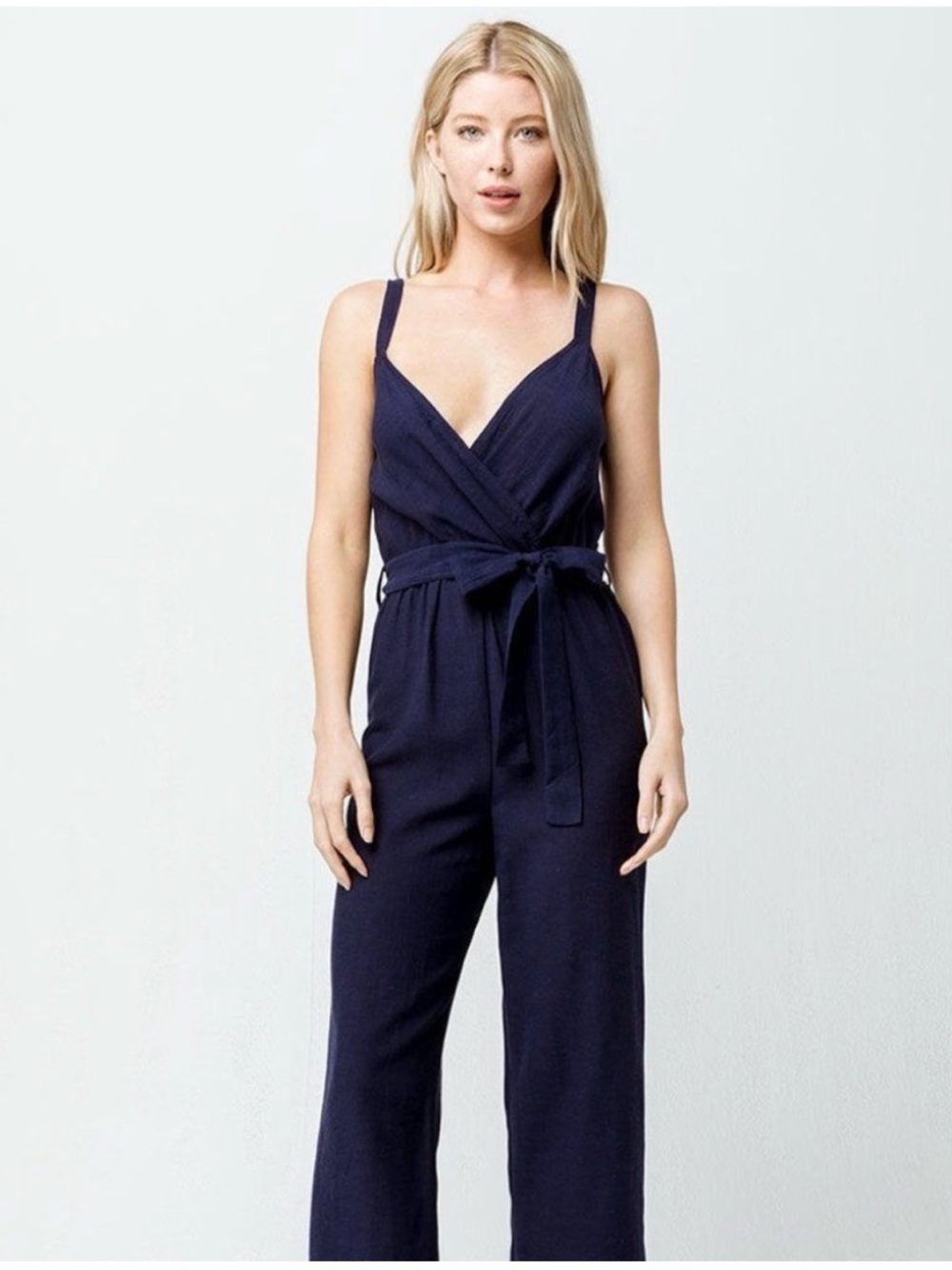 Navy Sleeveless Wrap Jumpsuit with Tie Waist
